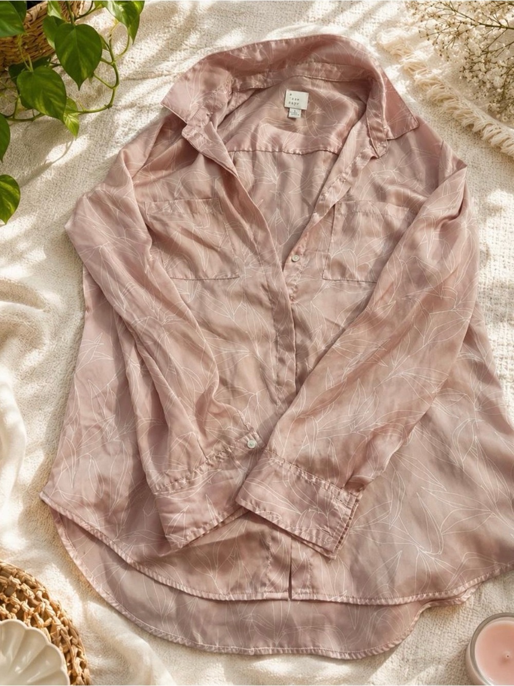 a new day Dusty Rose Button-Down Shirt with Subtle Leaf Print